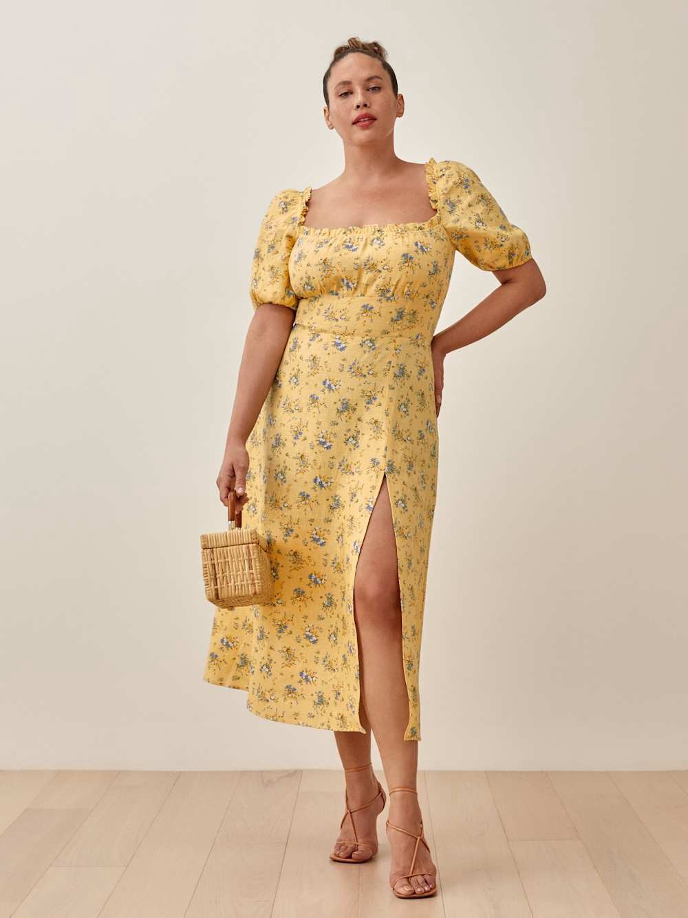 Reformation Jacqueline Yellow Linen Floral Puff-Sleeve Midi Dress